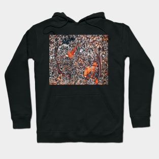 GREENERY, FOREST ANIMALS Pheasant and Fox Red Black White Floral Hoodie